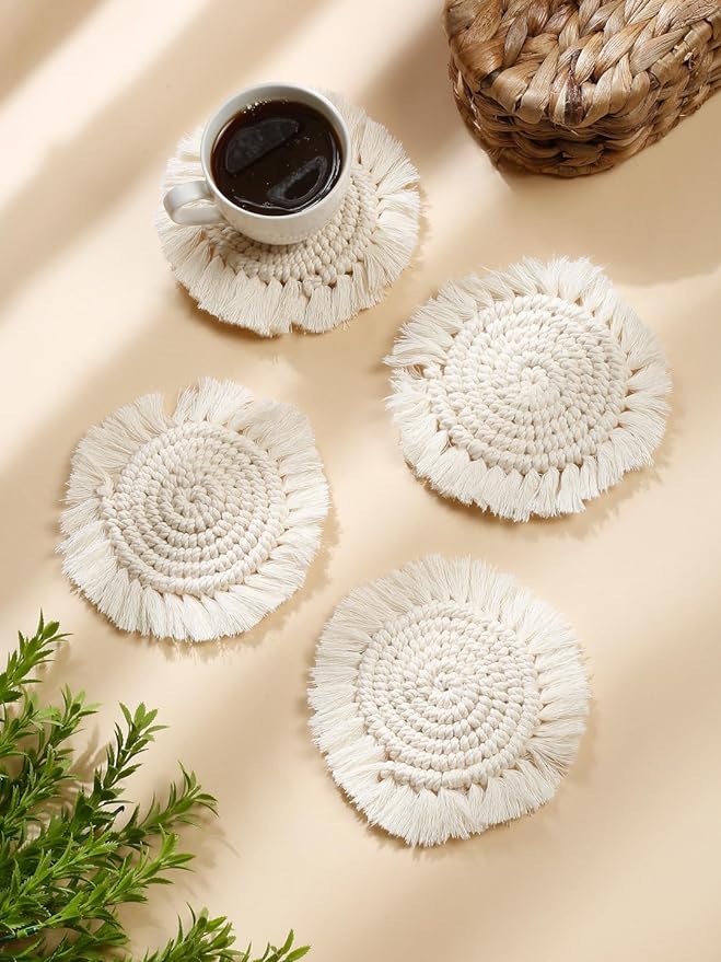Macrame Coasters Set Of 4 White - Leechoo